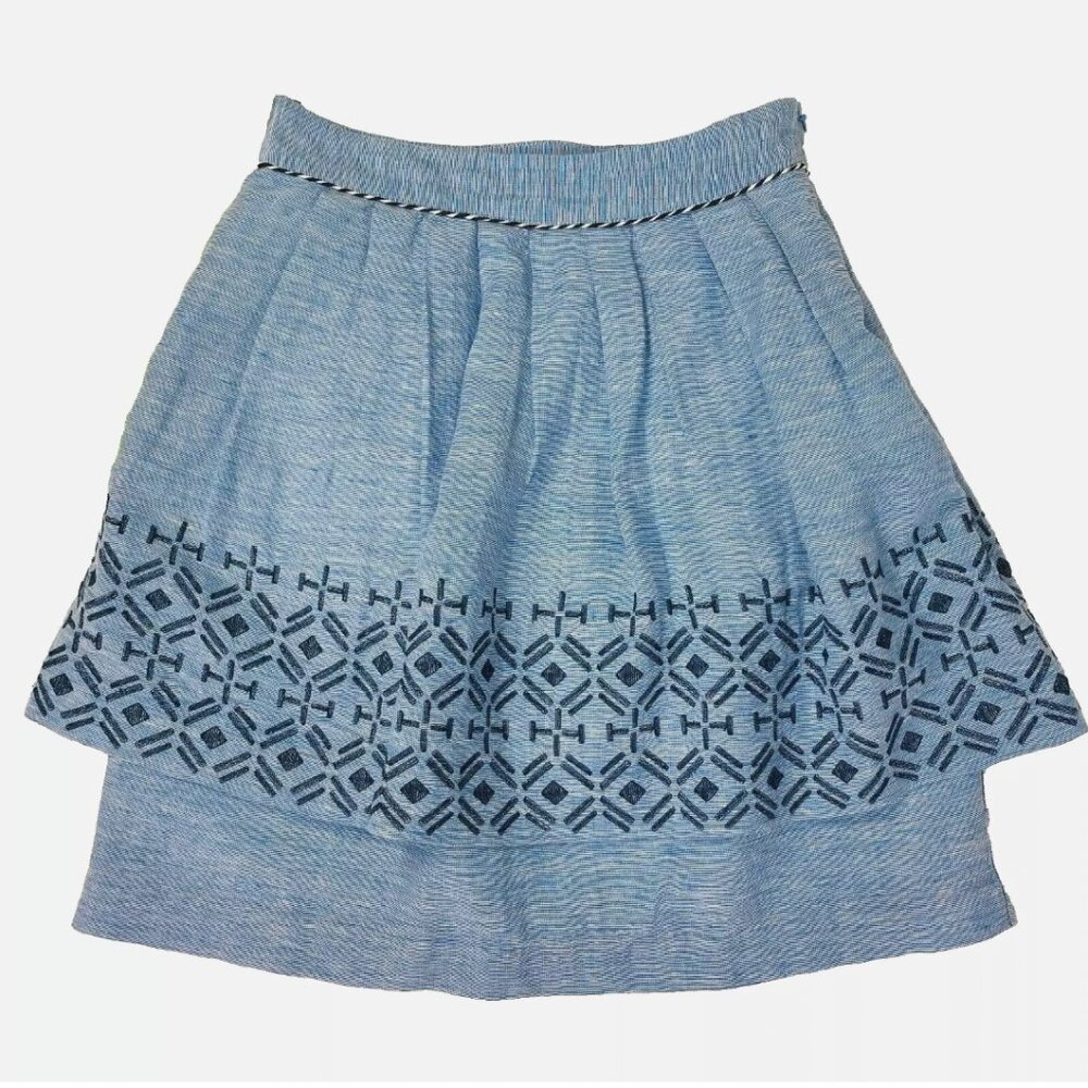 Odille Anthropologie Y2K Alpine Dreams Tiered Skirt Linen Blend Preppy Vintage - Picture 2 of 13